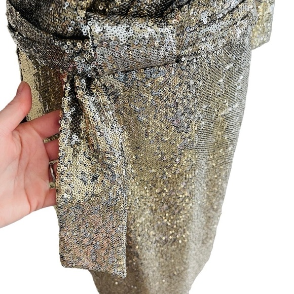 Calvin Klein Gold  Silver V-Neck Sequin Mesh Dress 3/4 Sleeve Sheath Cocktail - Picture 3 of 11